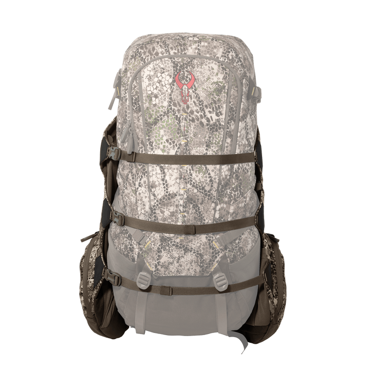 Badlands camo hunting backpack with red skull logo, multiple straps, and side pockets, shown against a white background.