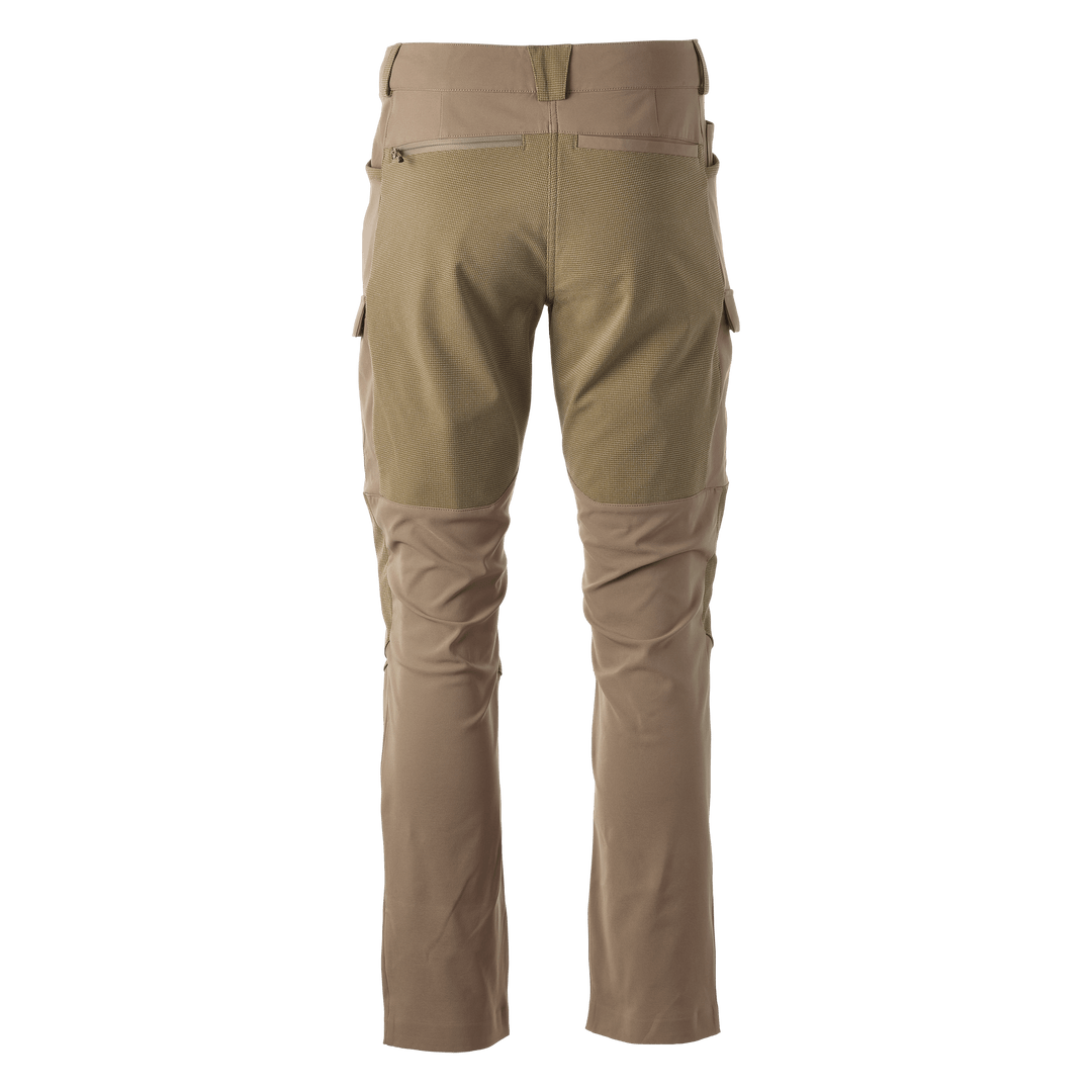 Back view of tan Badlands hunting pants with reinforced seat, zippered pockets, and articulated knees.