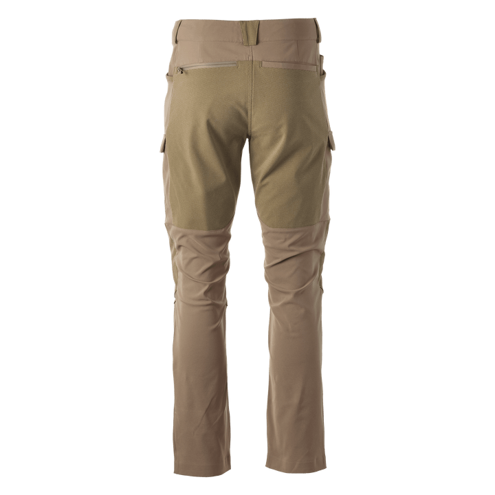 Back view of tan Badlands hunting pants with reinforced seat, zippered pockets, and articulated knees.