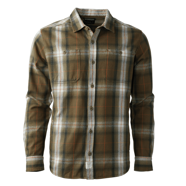 Olive plaid Badlands flannel shirt with long sleeves and logo skull tag at hem, shown on a plain background.