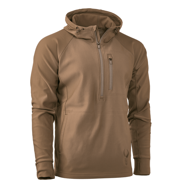 Tan Badlands hoodie with chest zipper pocket and logo skull on lower front; designed for outdoor use.