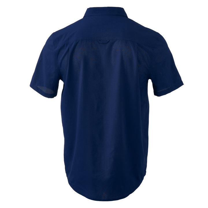 Back view of a navy Badlands short-sleeve shirt with vented mesh panels and a subtle Badlands skull logo below the collar.