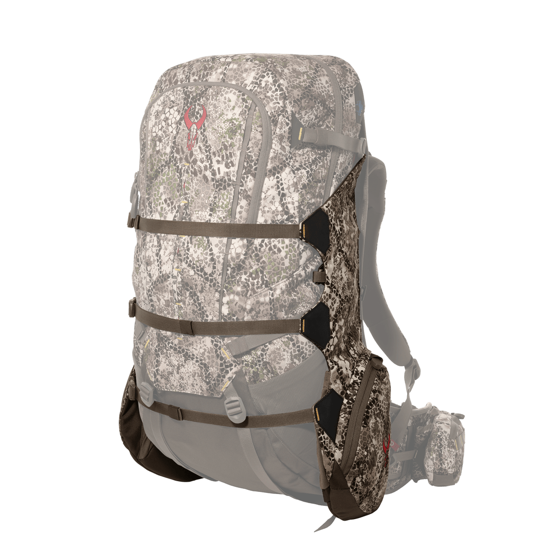 Camo Badlands hunting backpack with red skull logo, multiple straps, and padded hip belt for support.