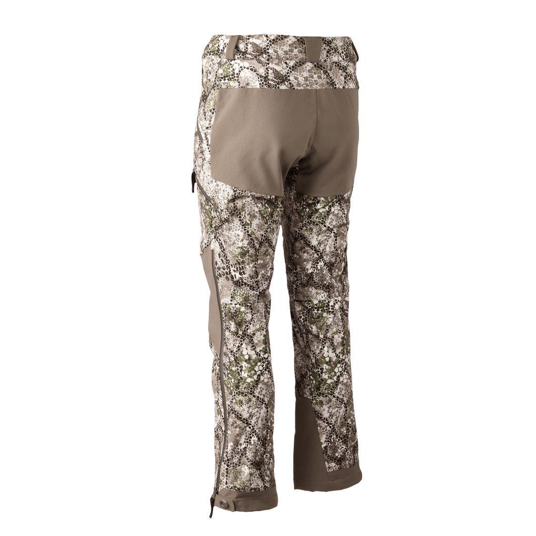 Badlands camo hunting pants, rear view; durable fabric, reinforced seat, and Badlands skull logo.