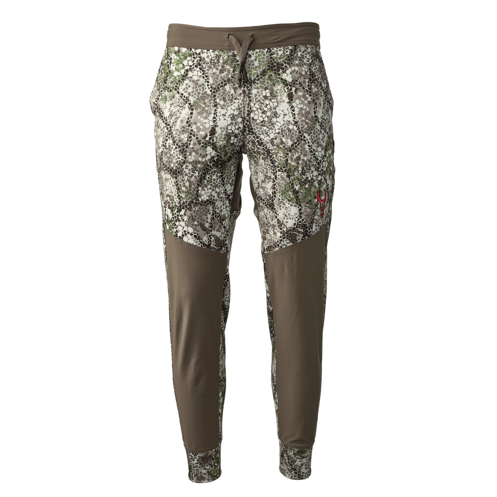 Badlands camo jogger pants with drawstring waist and red skull logo on right leg.