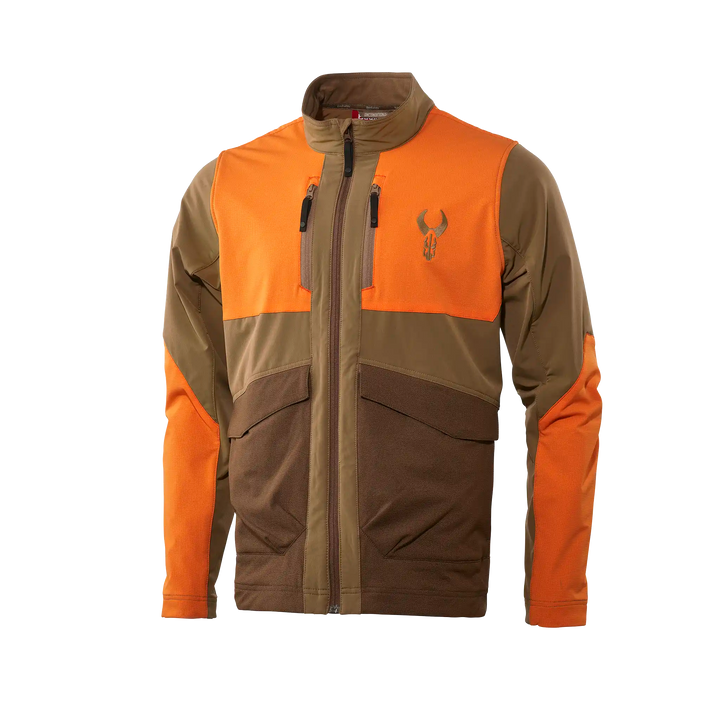 Orange and brown Badlands jacket with skull logo on chest, front zipper, and two large pockets.