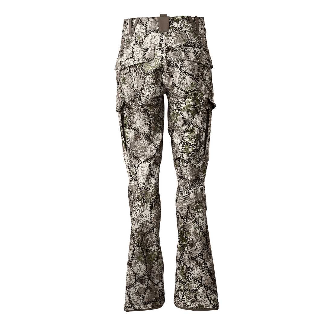 Badlands camo hunting pants with reinforced knees and pockets, featuring the Badlands skull logo on the waistband.