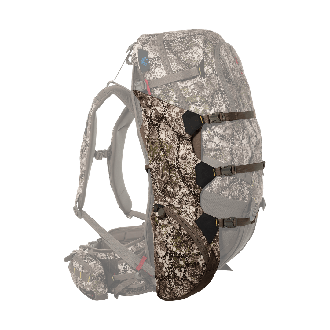 Badlands camo hunting backpack with padded straps, multiple pockets, and Badlands skull logo on the top front.
