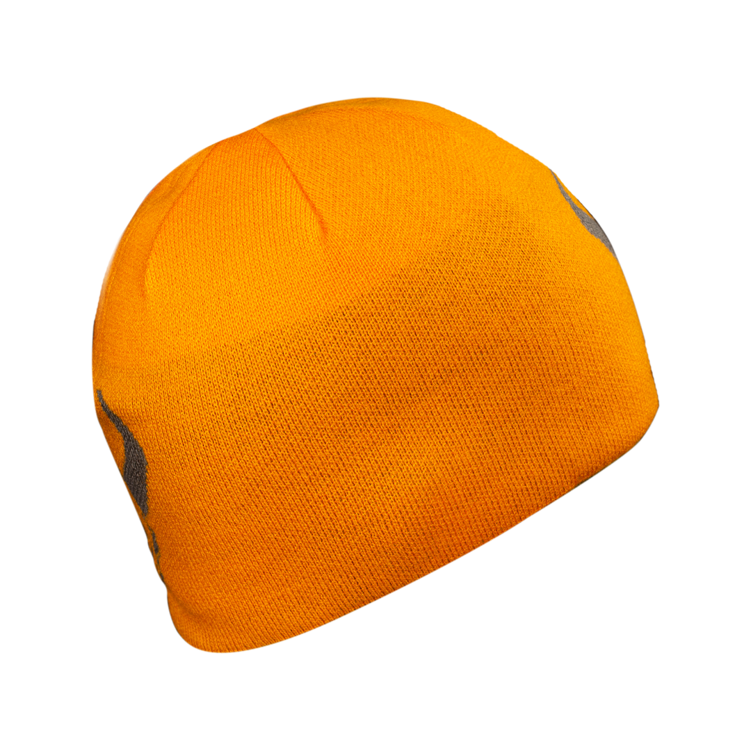Orange Badlands beanie with gray skull logo, designed for visibility and warmth in outdoor environments.