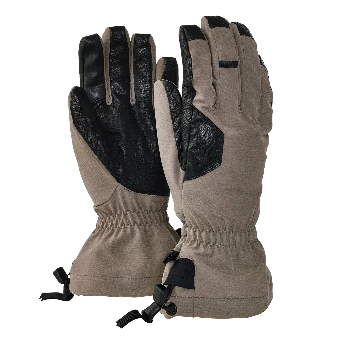 Tan and black Badlands gloves with logo skull, adjustable wrist, and reinforced palms for outdoor use.