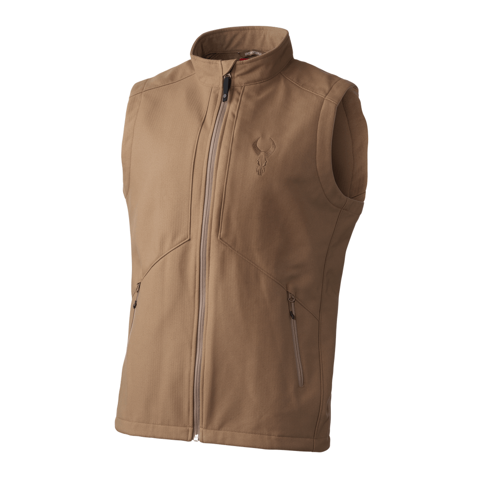Tan Badlands vest with front zipper, two zippered pockets, and Badlands skull logo on chest. Sleeveless, high collar design.