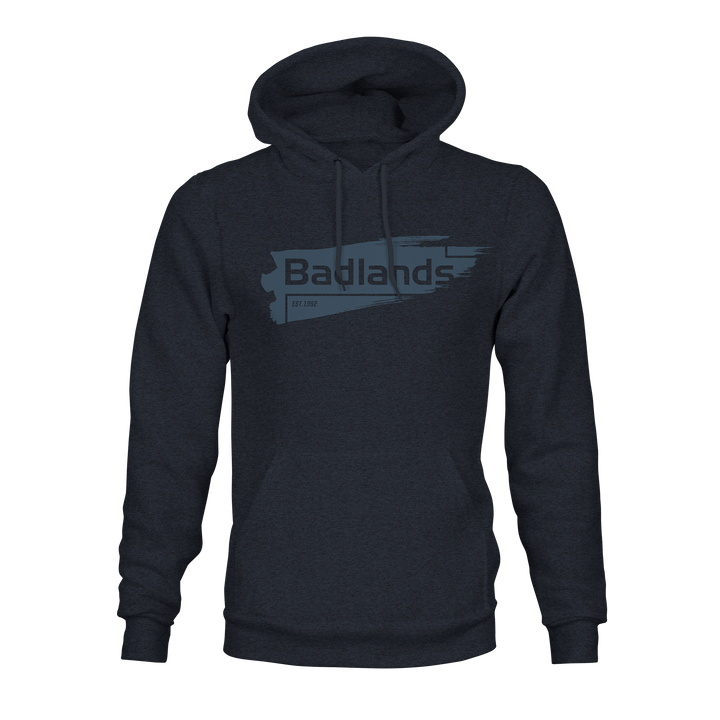 Dark hoodie with "Badlands" and logo on chest, featuring a blue brushstroke design and "EST. 1992" text.