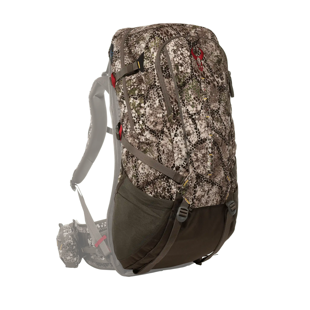 Badlands camo hunting backpack with padded straps and red skull logo on front. Accessible pockets and ergonomic design.