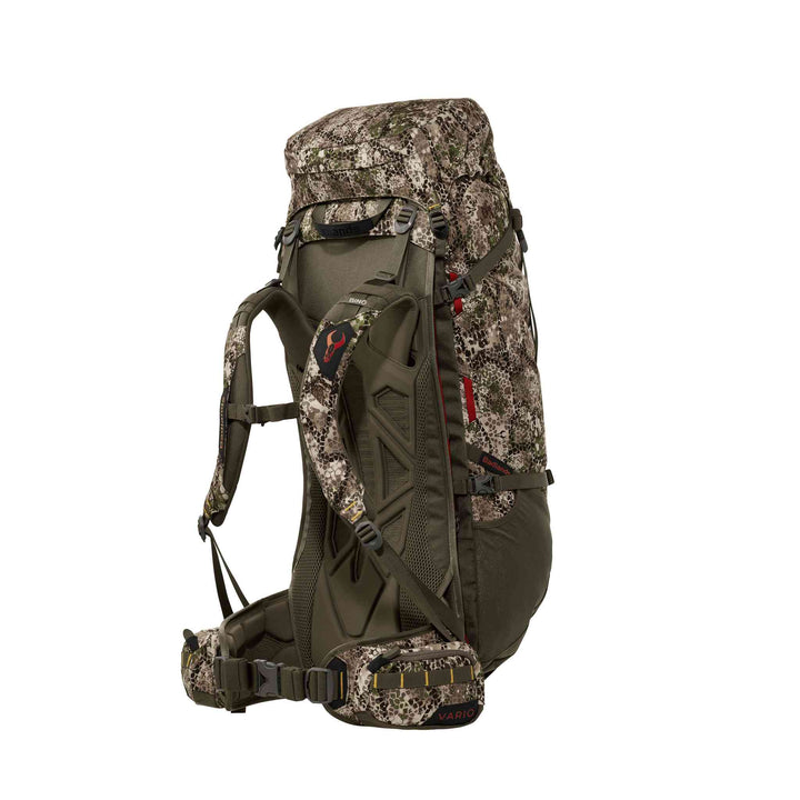 Badlands camo hunting backpack with ergonomic straps and red skull logo on shoulder harness, shown on white background.