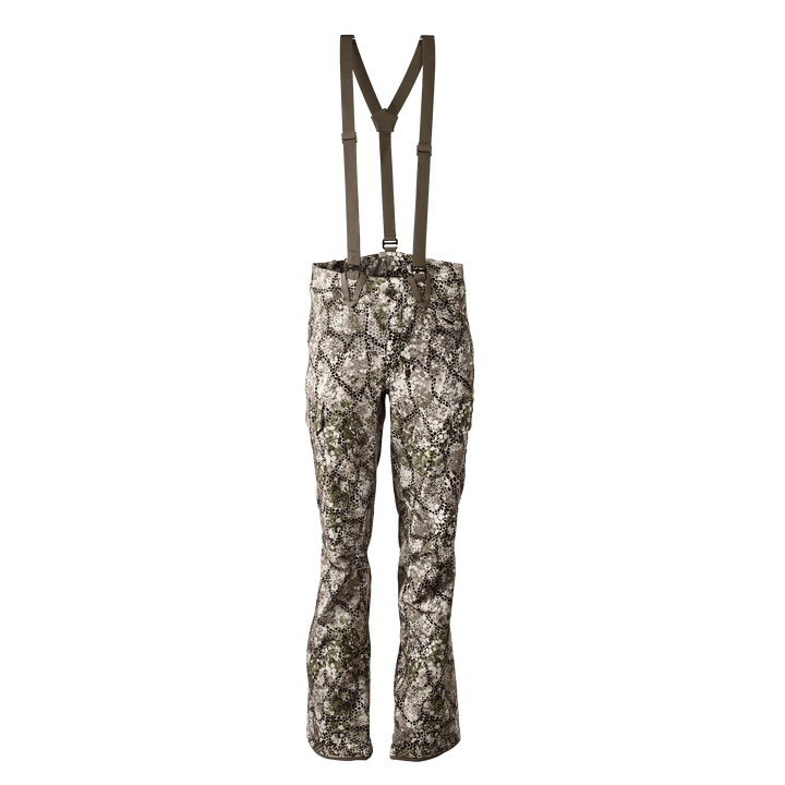 Badlands camo hunting pants with suspenders, featuring the Badlands skull logo on the left thigh.