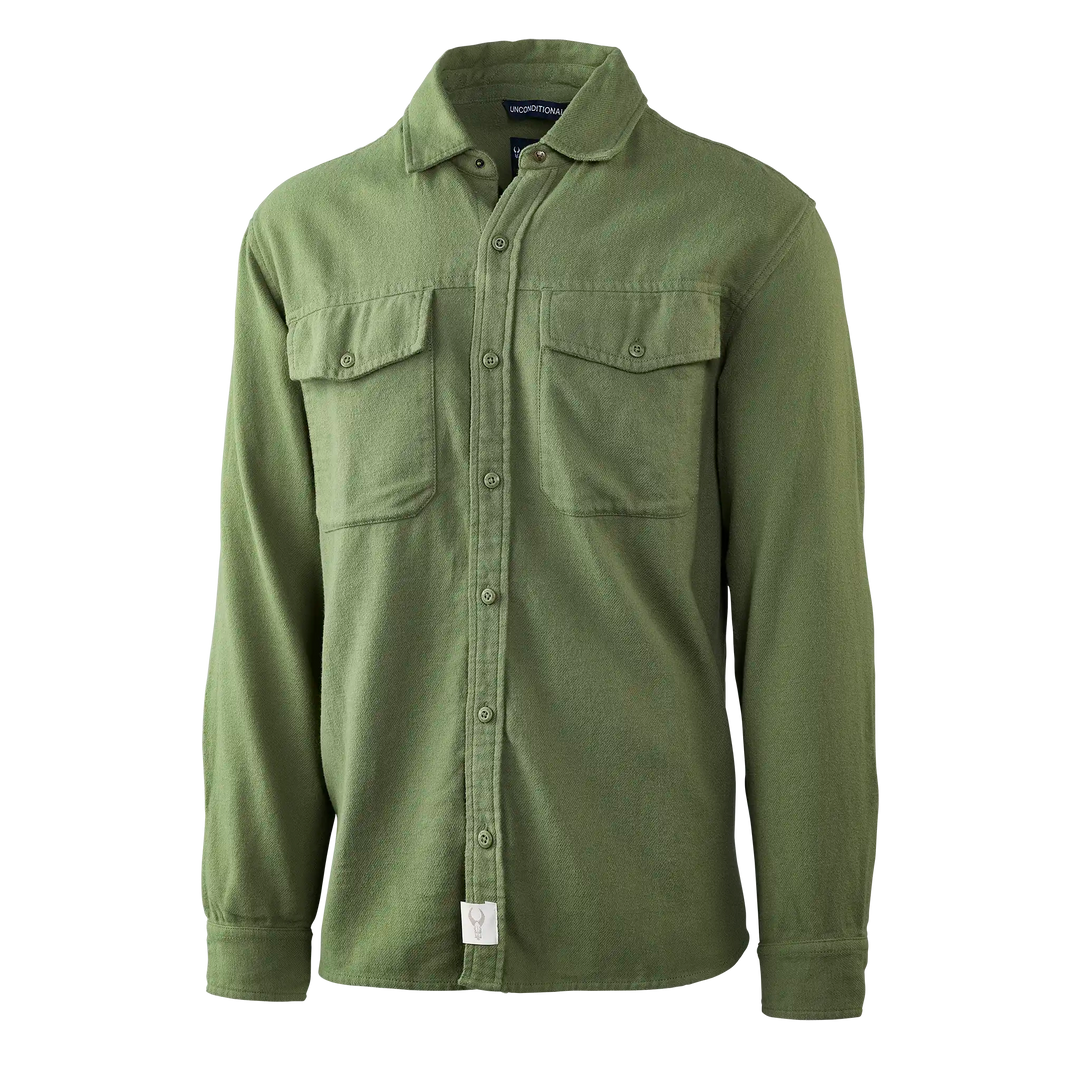 Olive green Badlands shirt with chest pockets and logo skull tag for easy brand identification.