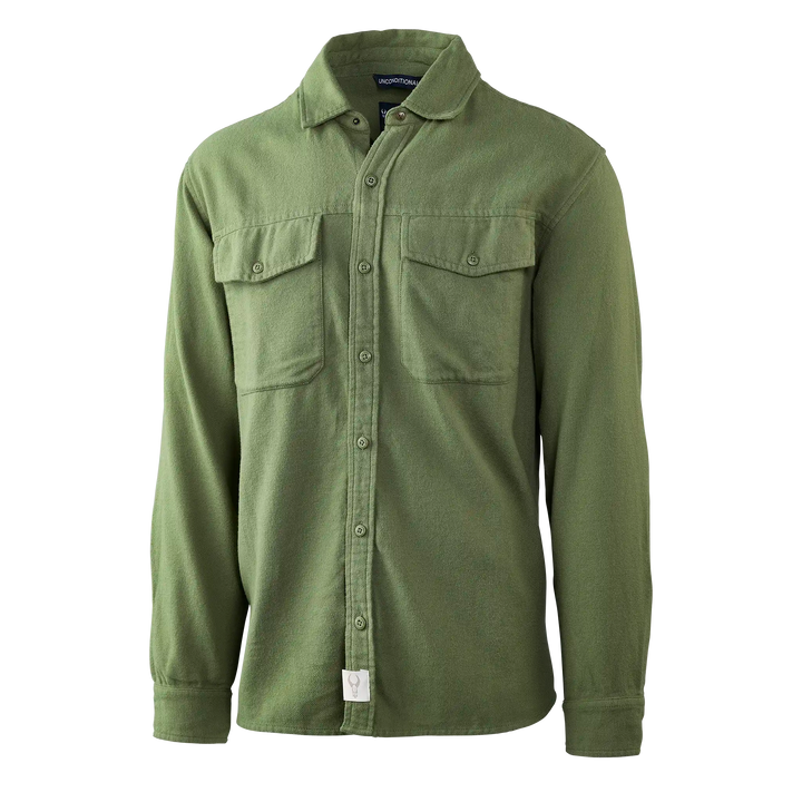 Olive green Badlands shirt with chest pockets and logo skull tag for easy brand identification.