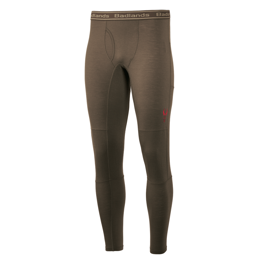 Brown thermal leggings with Badlands Logo on waistband and thigh, designed for outdoor or cold weather wear.
