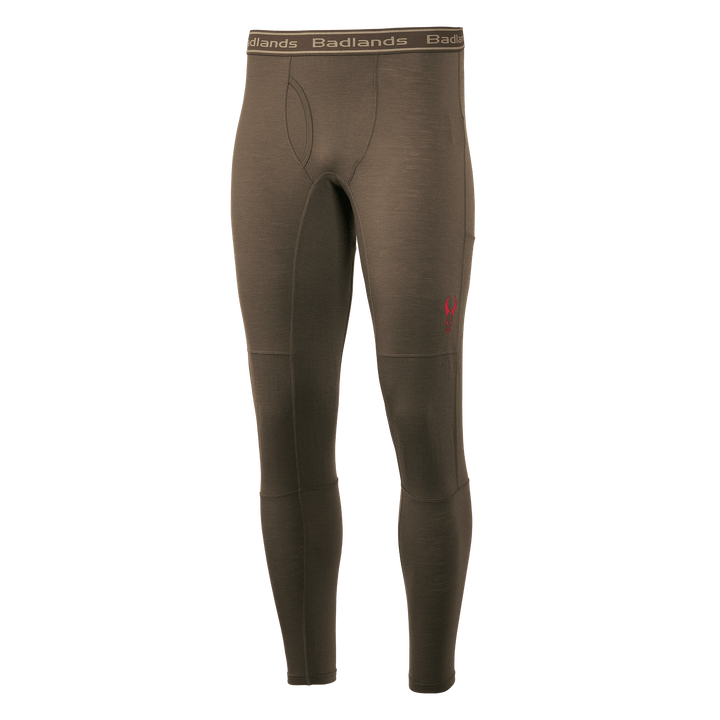Brown thermal leggings with Badlands Logo on waistband and thigh, designed for outdoor or cold weather wear.