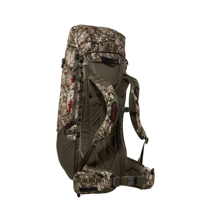 Badlands camo hunting backpack with ergonomic straps and Badlands skull logo on shoulder harness.