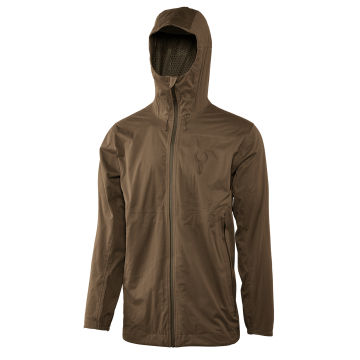 Brown Badlands jacket with hood and front zipper, featuring the Badlands skull logo on the chest.