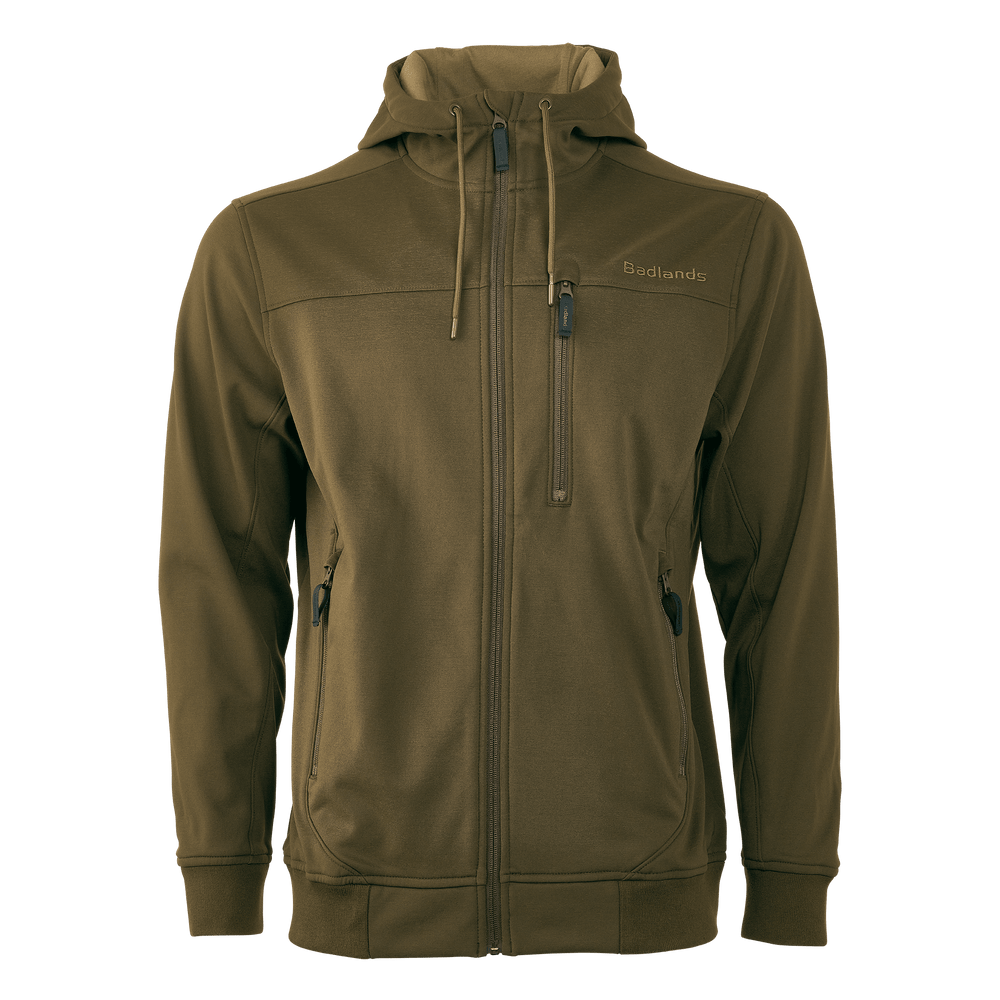 Olive green Badlands hoodie with full zip, three zippered pockets, and subtle Badlands logo on chest.