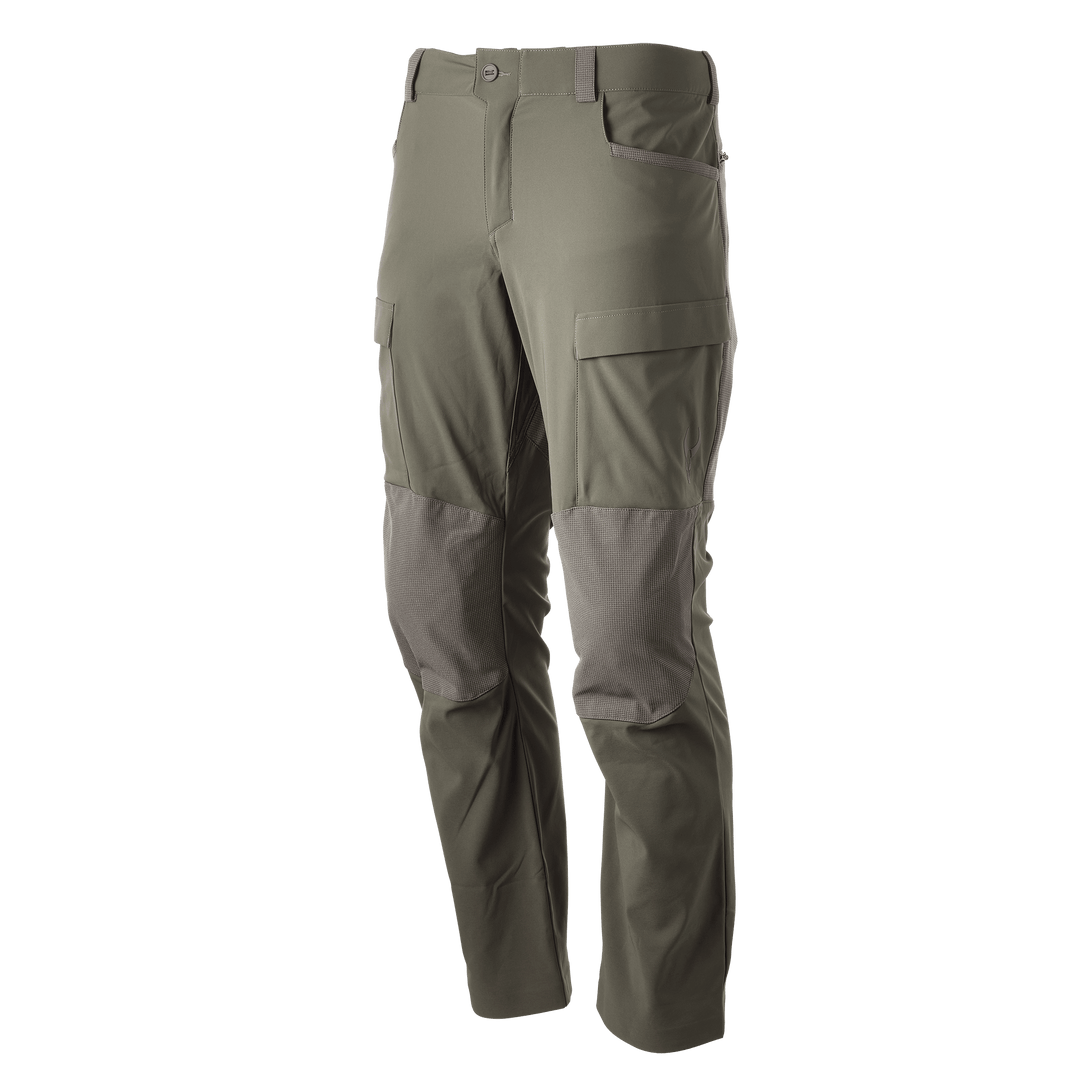 Olive Badlands pants with reinforced knees, cargo pockets, and subtle Badlands skull logo. Designed for outdoor use.
