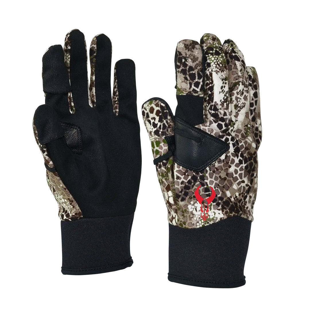 Badlands camo gloves with black palms and red skull logo, designed for outdoor use and improved grip.