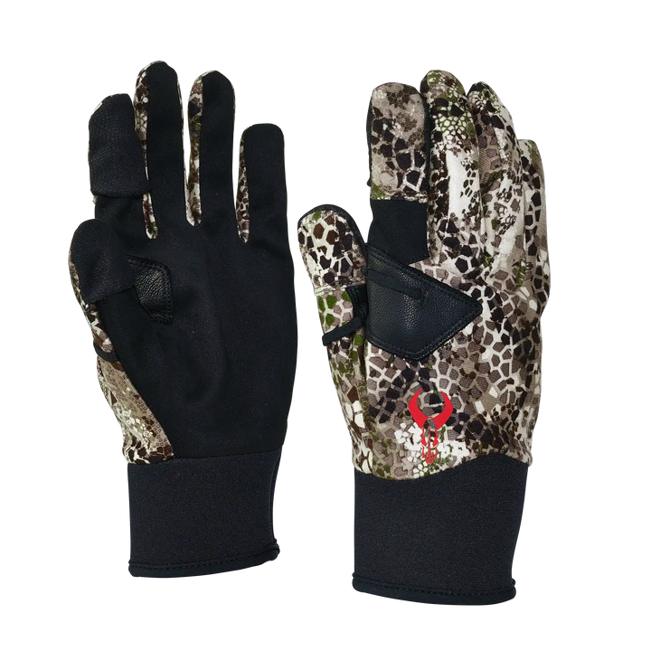 Badlands camo gloves with black palms and red skull logo, designed for outdoor use and improved grip.