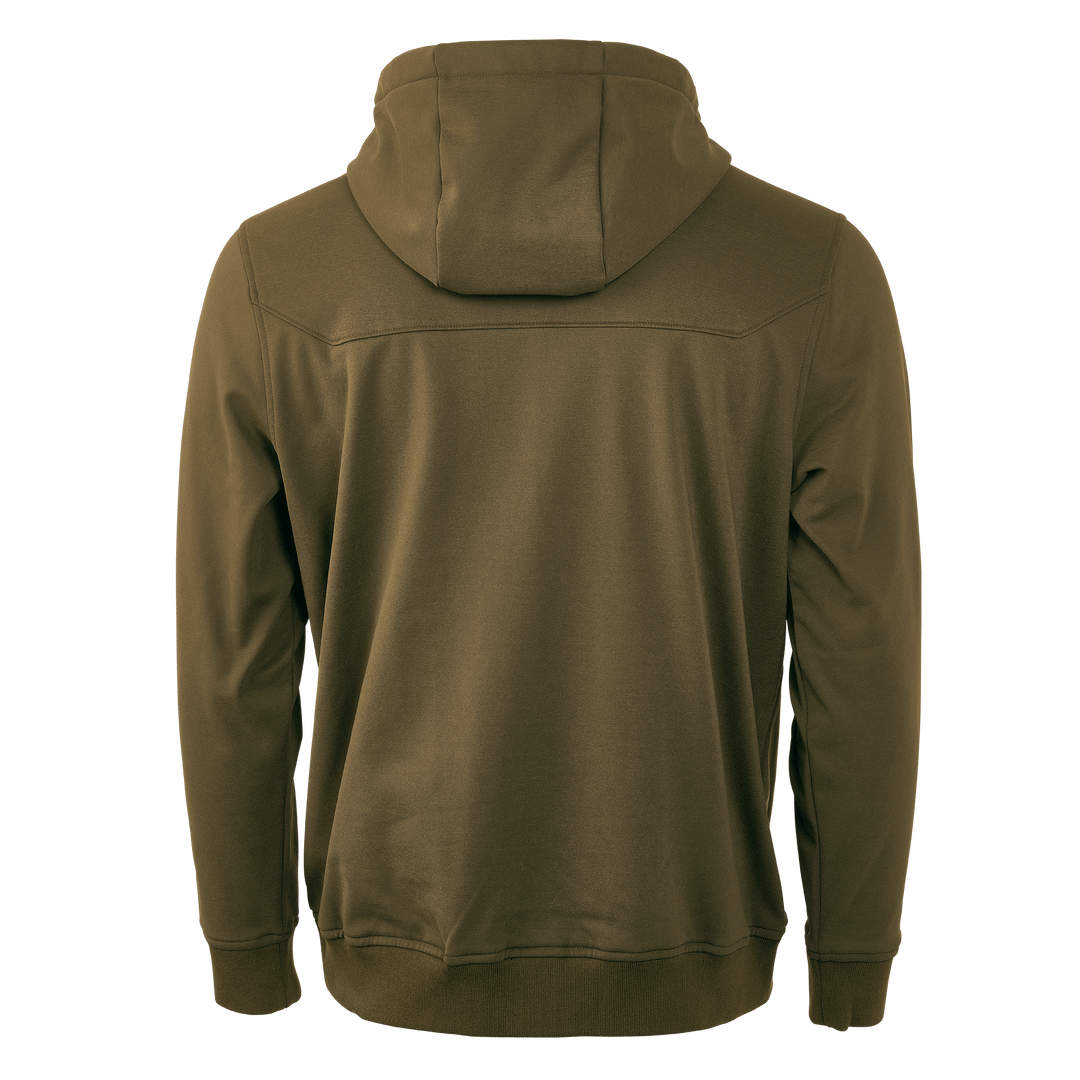 Olive green Badlands hoodie, back view, with hood up; no visible logo or design.