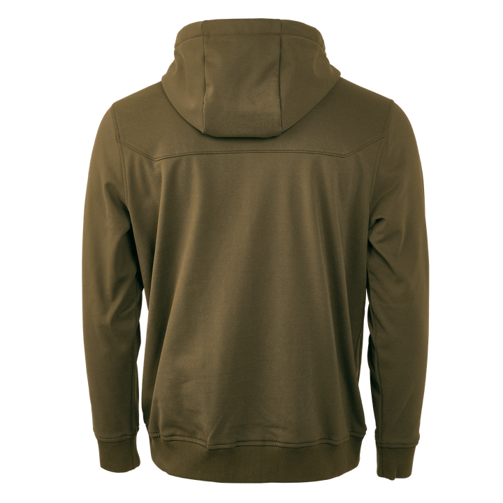 Olive green Badlands hoodie, back view, with hood up; no visible logo or design.