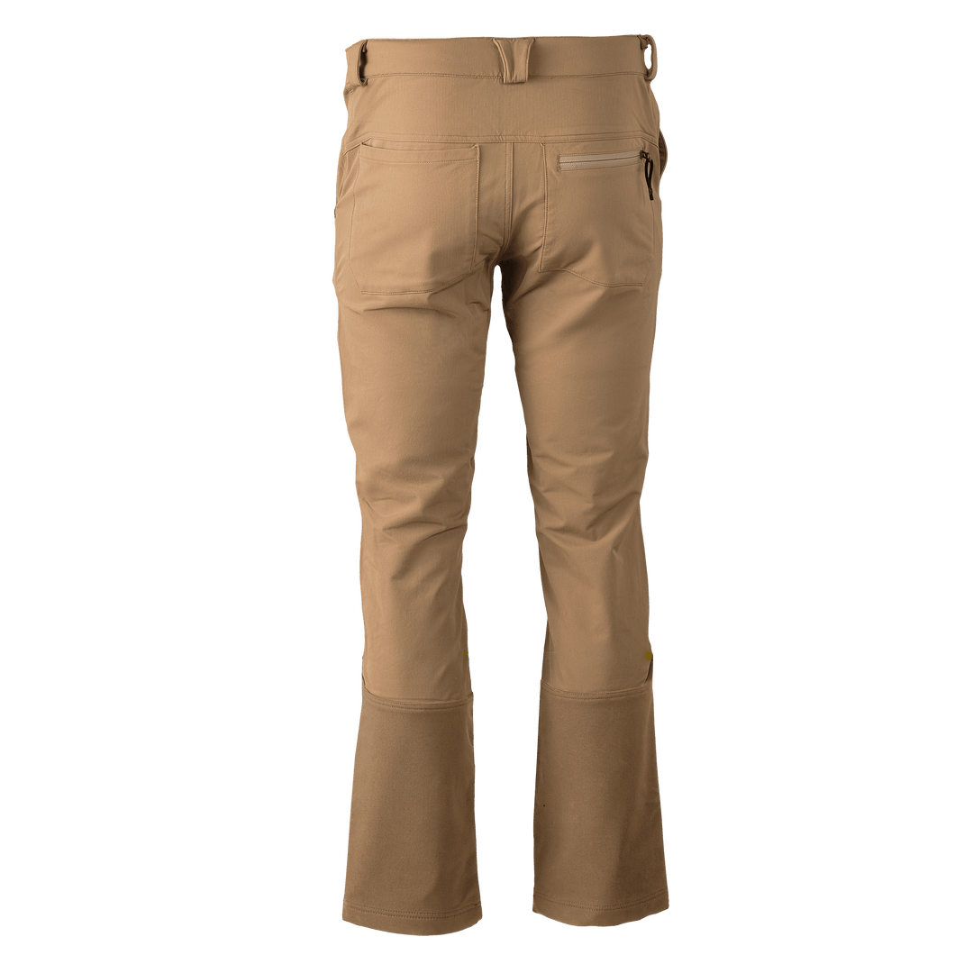 Tan Badlands pants, rear view, with zippered pocket and reinforced lower legs; Badlands skull logo on right calf.