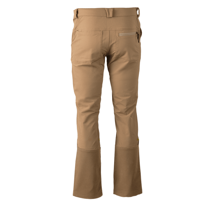 Tan Badlands pants, rear view, with zippered pocket and reinforced lower legs; Badlands skull logo on right calf.