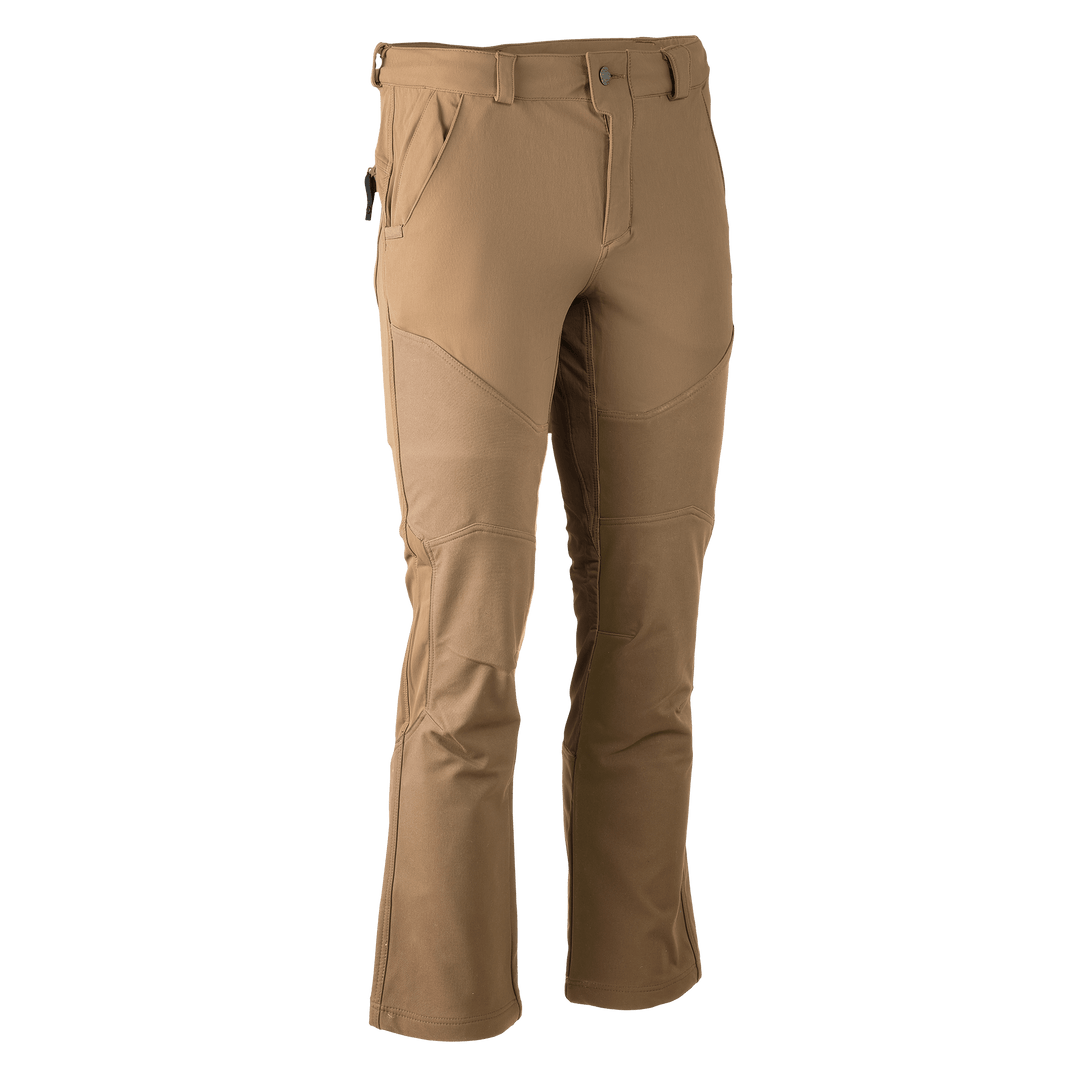 Tan Badlands hunting pants with pockets and belt loops; features Badlands skull logo near the left pocket.