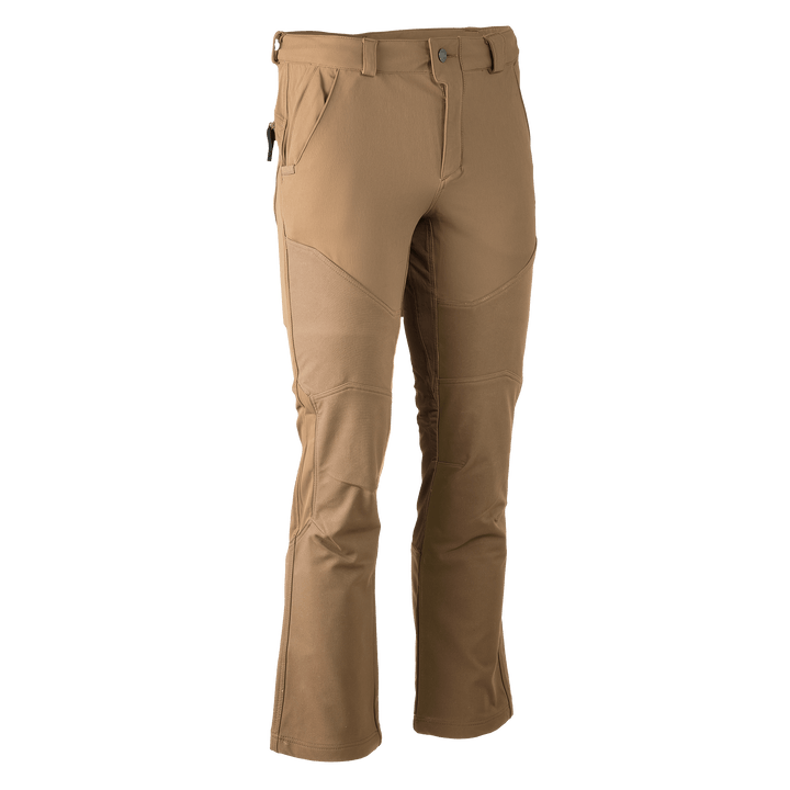 Tan Badlands hunting pants with pockets and belt loops; features Badlands skull logo near the left pocket.