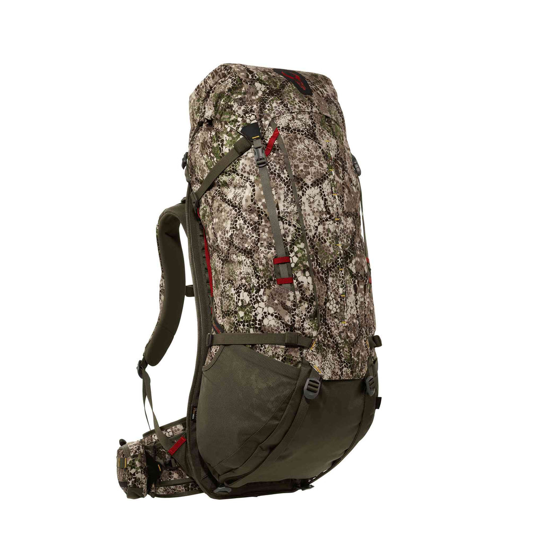 Badlands camo hunting backpack with skull logo, ergonomic straps, and multiple pockets for outdoor gear.