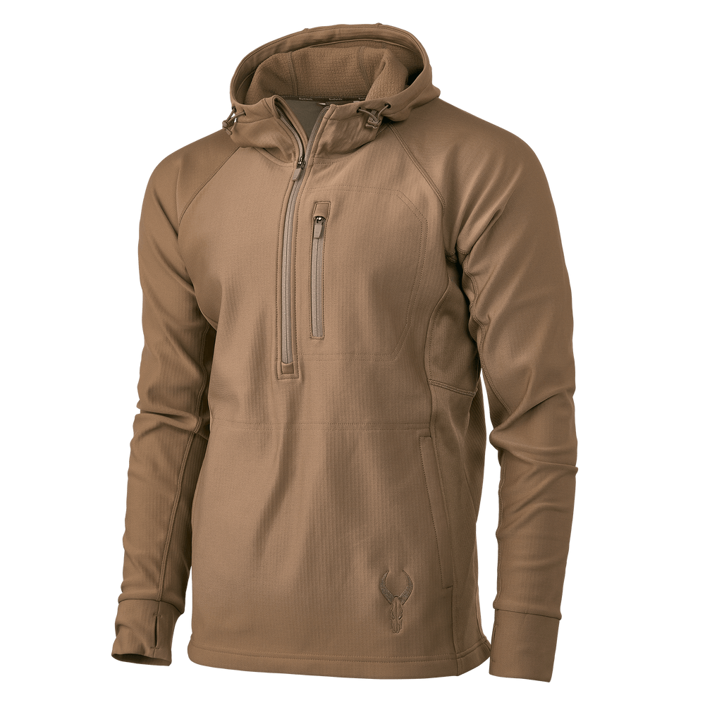 Tan Badlands hoodie with chest zipper pocket and skull logo on lower front, designed for outdoor use.