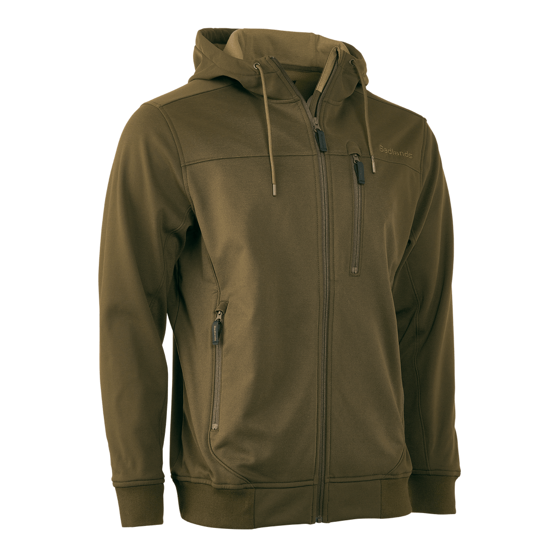 Olive green Badlands hoodie with front zipper, three zippered pockets, hood, and Badlands skull logo on chest.