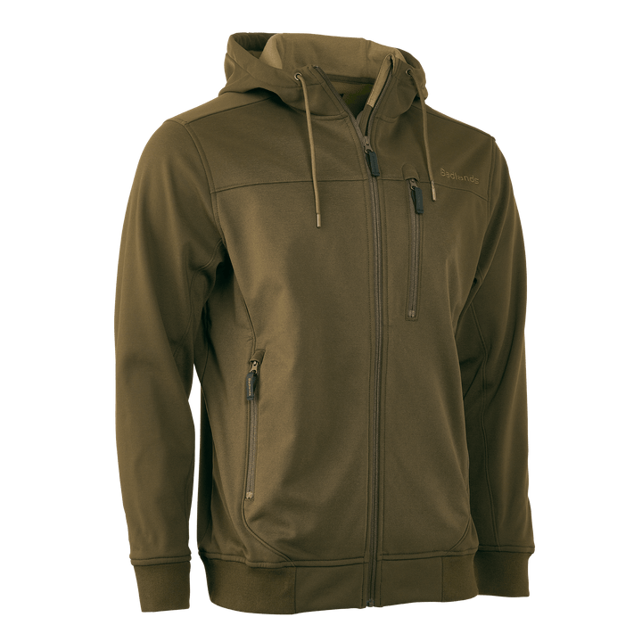 Olive green Badlands hoodie with front zipper, three zippered pockets, hood, and Badlands skull logo on chest.