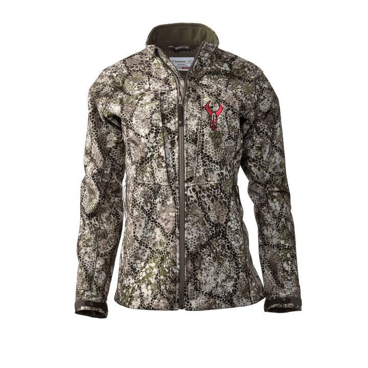 Women’s camo jacket with Badlands red skull logo on chest, full front zipper, and two side pockets.