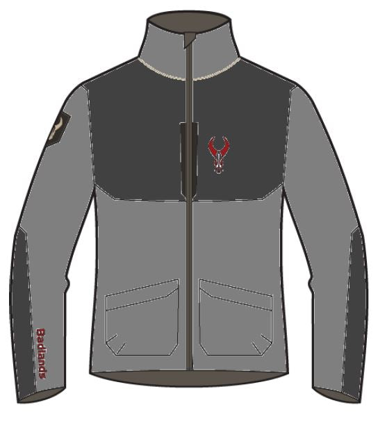 Gray Badlands jacket with logo skull on chest, red "Badlands" text on sleeve, and two front pockets.