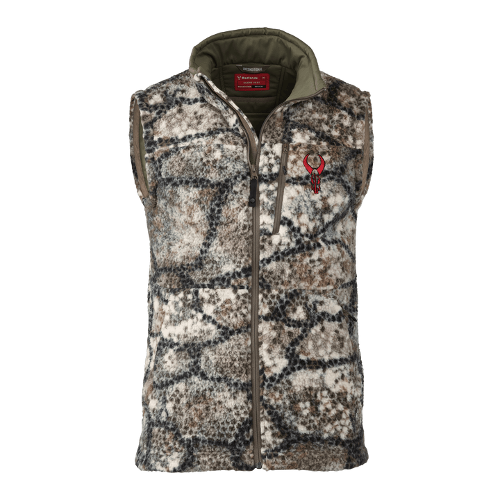 Badlands camo fleece vest with front zipper and red skull logo on chest, designed for outdoor and hunting use.