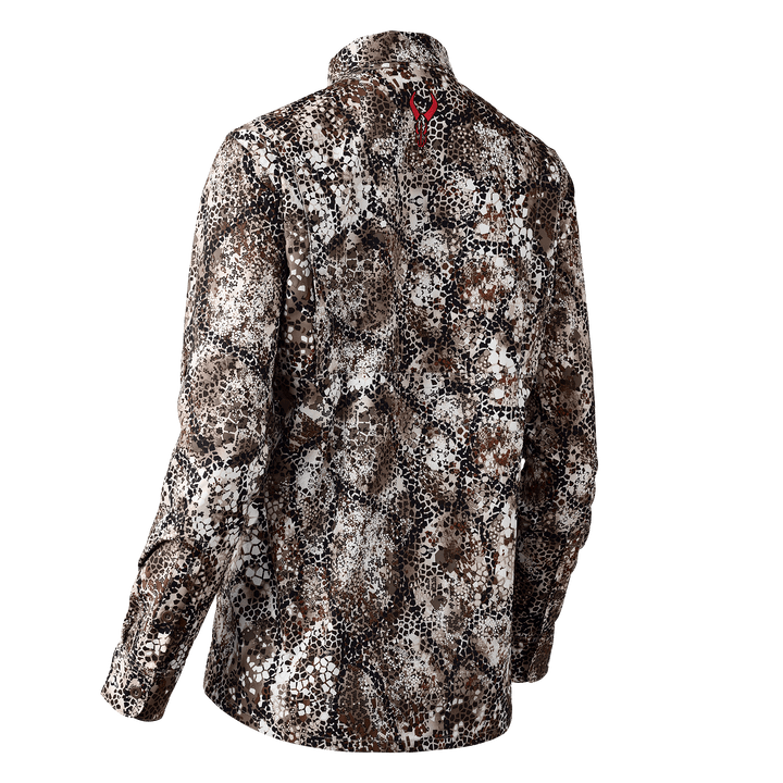 Badlands camo jacket, back view, with red skull logo on collar. Earth-tone pattern for outdoor and hunting use.