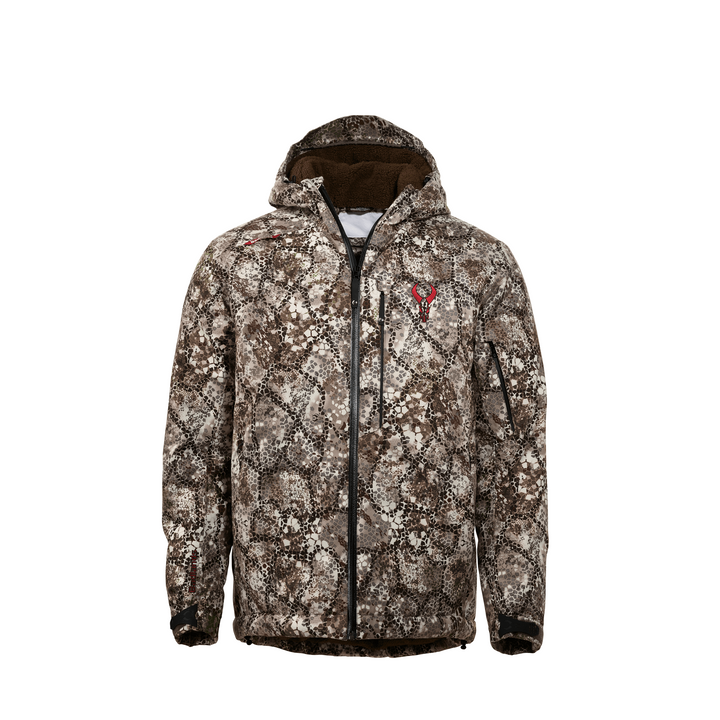Badlands camo jacket with hood, front zipper, and red skull logo on chest. Designed for outdoor and hunting use.