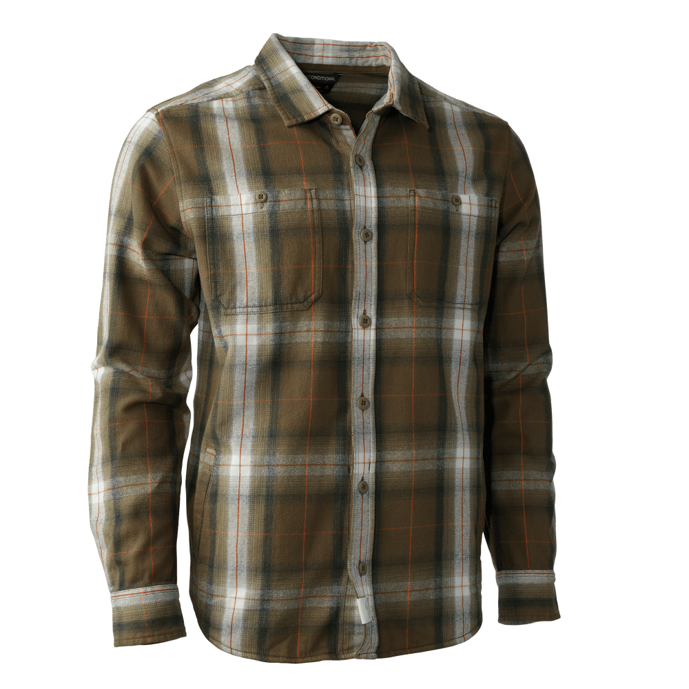 Olive plaid Badlands shirt with long sleeves, button front, chest pockets, and subtle skull logo tag near hem.