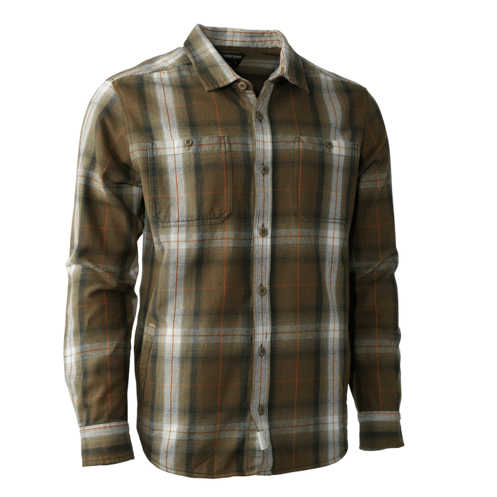 Olive plaid Badlands shirt with long sleeves, button front, chest pockets, and subtle skull logo tag near hem.