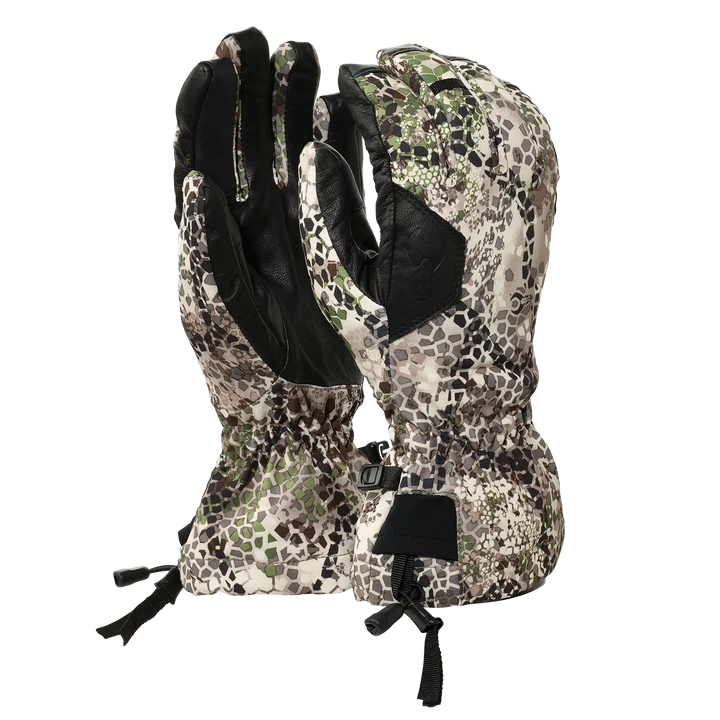 Badlands camo hunting gloves with leather palms and skull logo, designed for warmth and grip in rugged outdoor conditions.