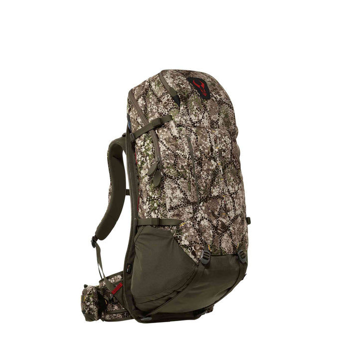 Camo Badlands hunting backpack with padded straps and red skull logo, designed for comfort and outdoor gear storage.