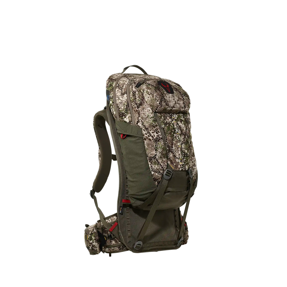 Badlands camo hunting backpack with red skull logo, ergonomic straps, and multiple compartments for outdoor gear.