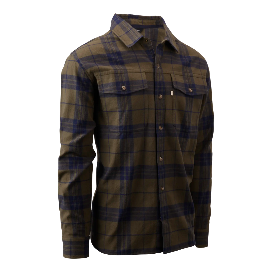 Olive and navy plaid Badlands shirt with long sleeves, button front, chest pockets, and subtle skull logo tag.